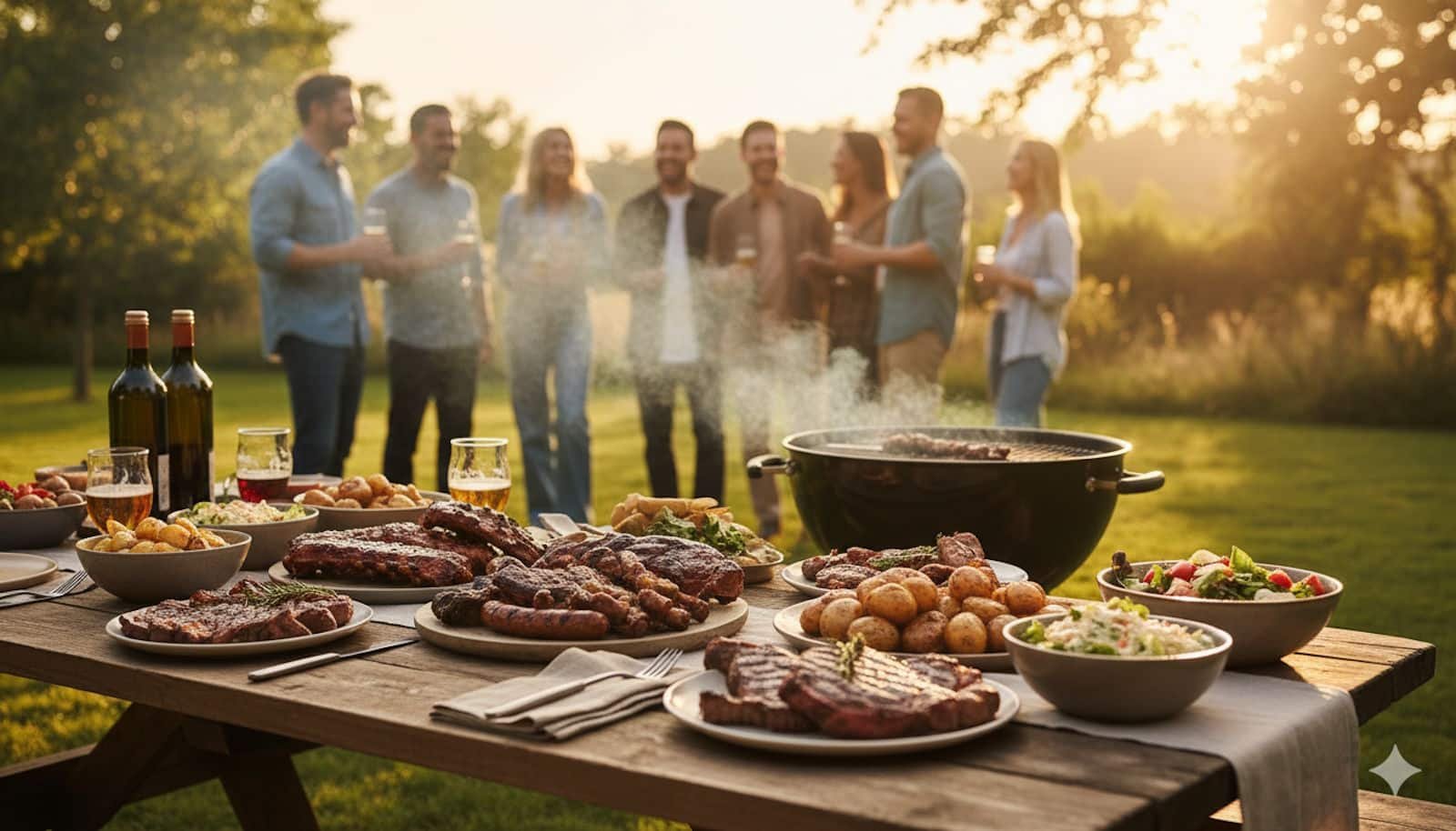 tavolo imbandito per una grigliata perfetta con carne, contorni e barbecue kettle sullo sfondo durante una festa in giardino.