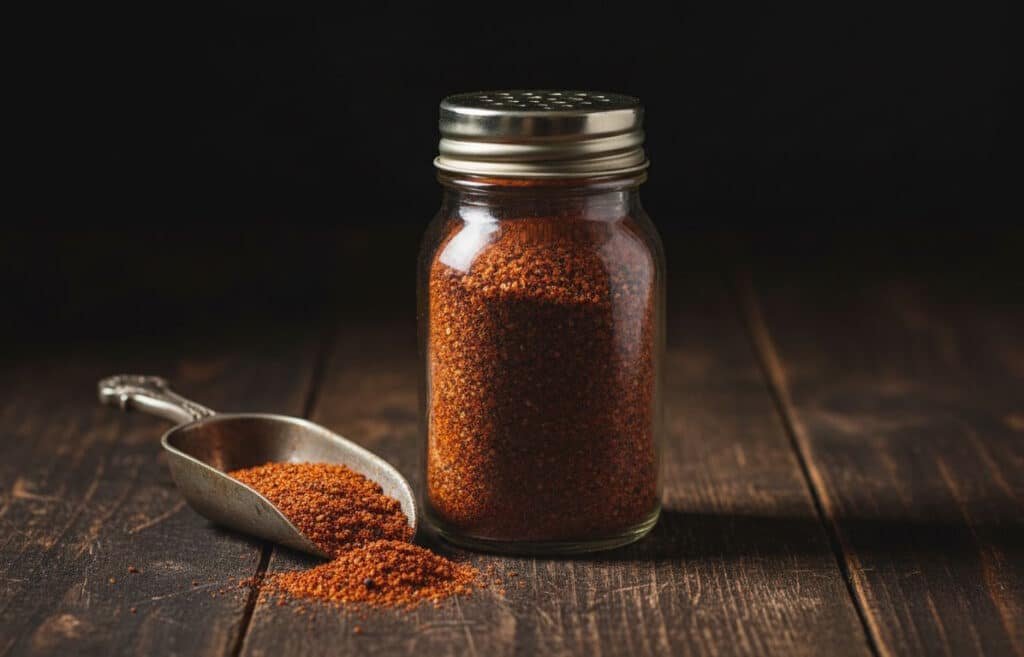 Un barattolo shaker in vetro pieno della ricetta originale del Magic Dust Rub, che mostra la sua caratteristica polvere rosso-marrone.