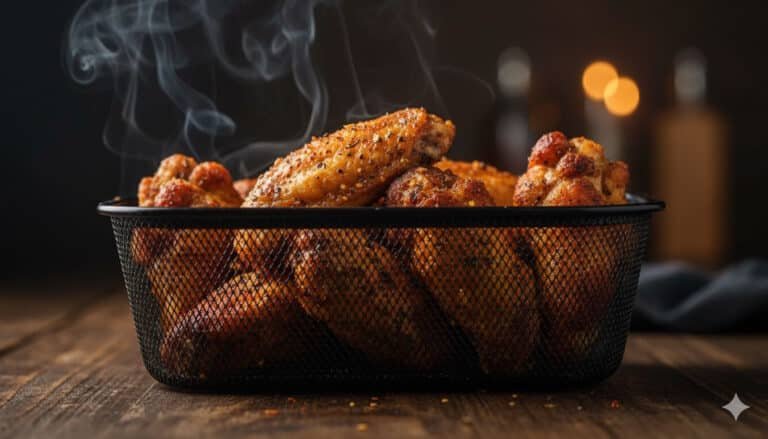 Cestello di friggitrice ad aria aperto con alette di pollo croccanti speziate con rub barbecue.