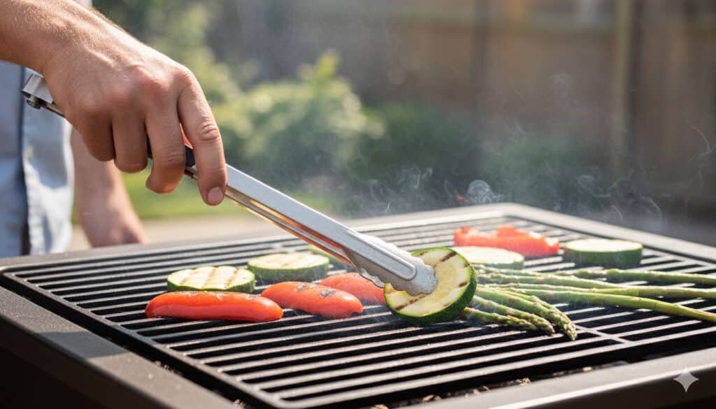 Verdure alla griglia in cottura su un barbecue caldo, con una mano che usa delle pinze per girare una fetta di zucchina.
