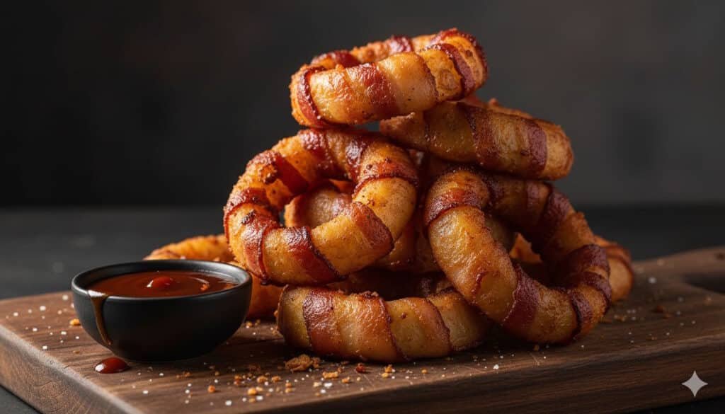 Anelli di cipolla avvolti nel bacon croccante e impilati su un tagliere di legno con una ciotola di salsa barbecue.