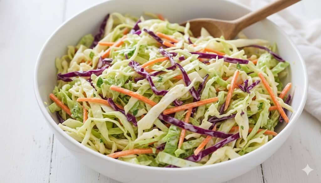 Una ciotola di ceramica bianca piena di coleslaw americano fresco e croccante, con cavolo e carote ben visibili.
