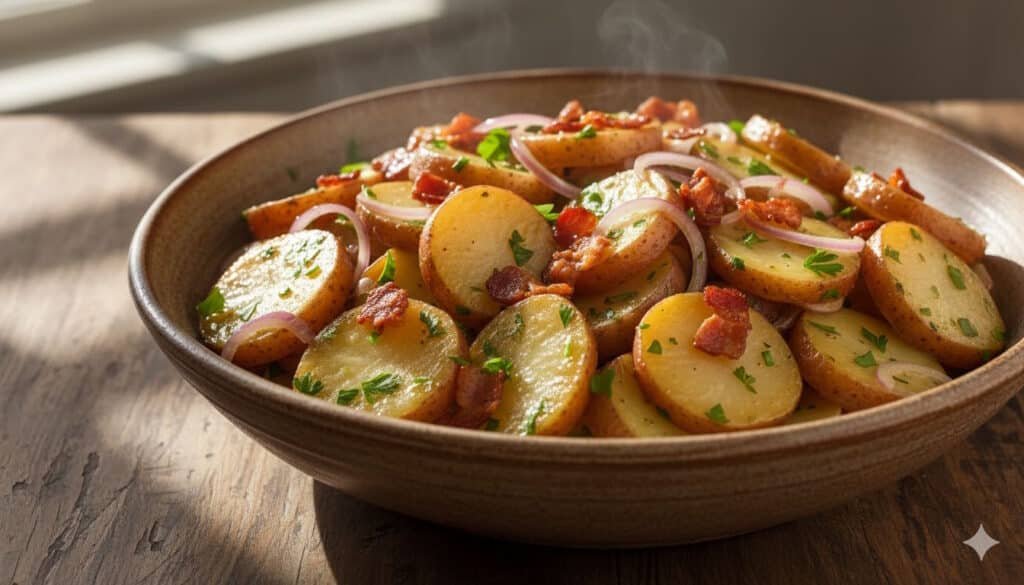 Una ciotola rustica con insalata di patate alla tedesca, condita con pezzetti di bacon croccante e prezzemolo fresco.