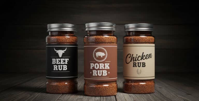 Classifica dei migliori rub per barbecue commerciali, con contenitori professionali per manzo, maiale e pollo su sfondo scuro.