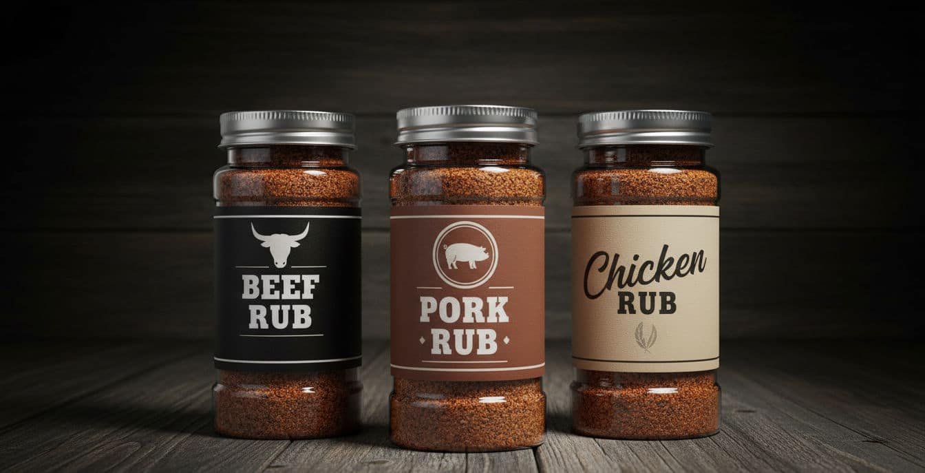 Classifica dei migliori rub per barbecue commerciali, con contenitori professionali per manzo, maiale e pollo su sfondo scuro.
