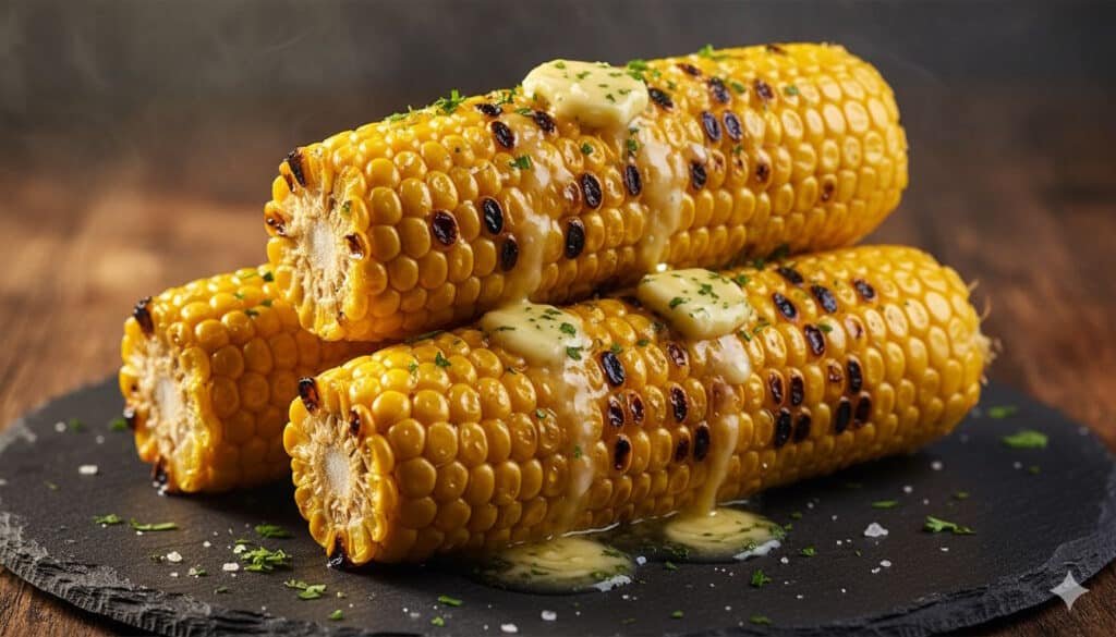 Tre pannocchie grigliate servite su un piatto di ardesia, con segni di griglia evidenti e burro aromatizzato fuso sopra.