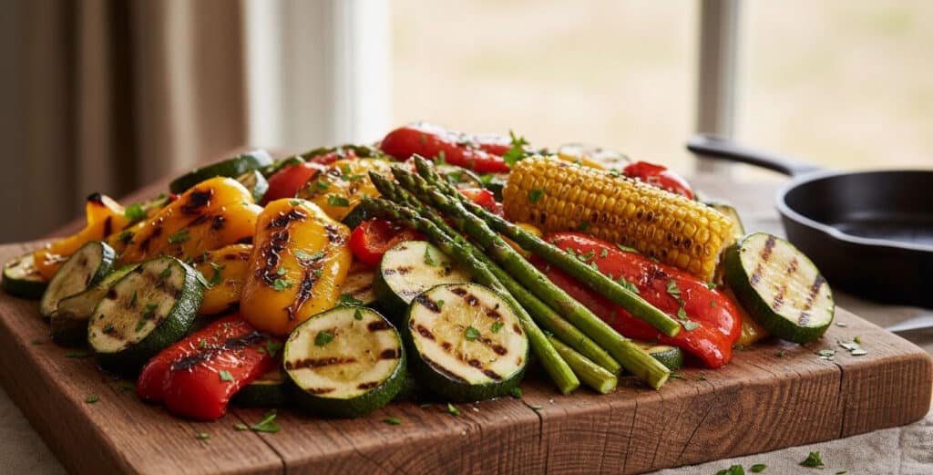 Un vassoio di legno rustico colmo di verdure grigliate miste, tra cui peperoni, zucchine con righe di griglia, asparagi e una pannocchia di mais.