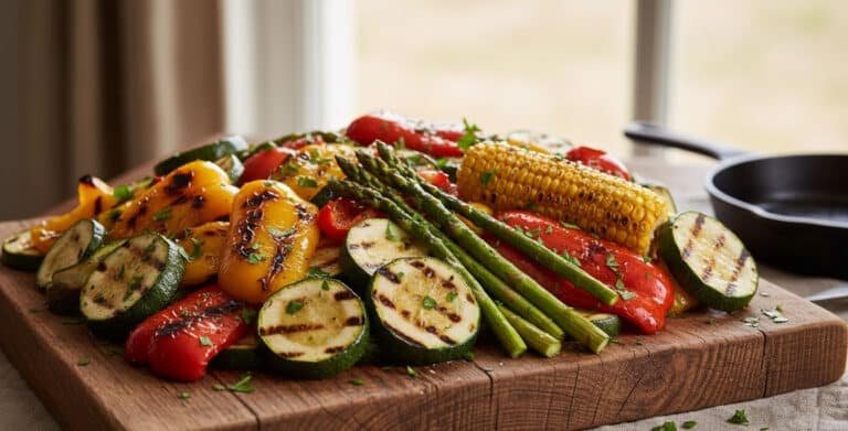 Un vassoio di legno rustico colmo di verdure grigliate miste, tra cui peperoni, zucchine con righe di griglia, asparagi e una pannocchia di mais.