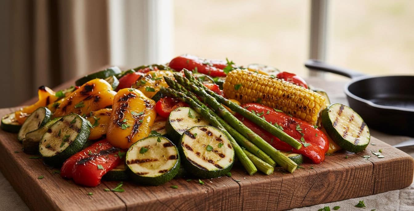 Un vassoio di legno rustico colmo di verdure grigliate miste, tra cui peperoni, zucchine con righe di griglia, asparagi e una pannocchia di mais.
