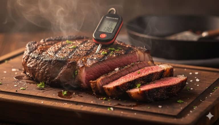 Bistecca alla griglia con cottura perfetta e termometro inserito, il metodo sicuro per capire se la carne è cotta senza tagliarla.