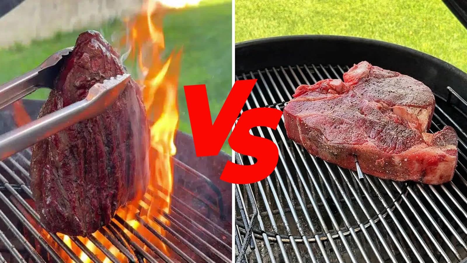 Come cucinare la bistecca: confronto tra metodo classico e reverse searing: a sinistra bistecca in rosolatura diretta sulle fiamme, a destra cottura indiretta lenta con termometro inserito.