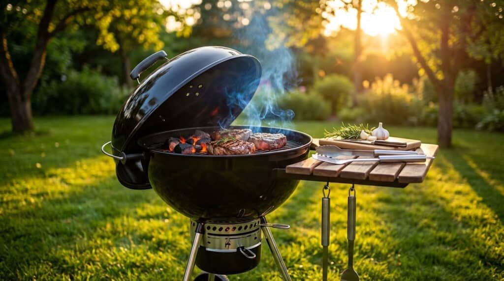 Barbecue Weber a carbone in funzione in giardino durante una grigliata, immagine di copertina per la guida alla scelta dei modelli