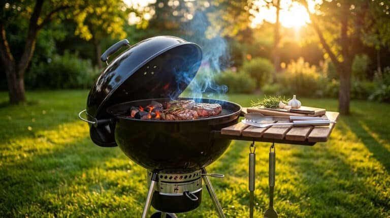 Barbecue Weber a carbone in funzione in giardino durante una grigliata, immagine di copertina per la guida alla scelta dei modelli