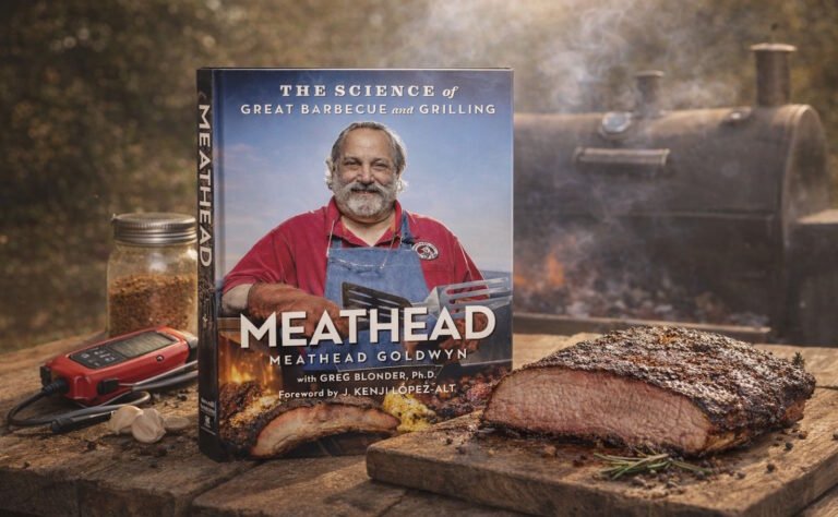 Copertina del libro Meathead: The Science of Great Barbecue and Grilling su un tavolo in legno con accanto un brisket affumicato e uno smoker sullo sfondo.