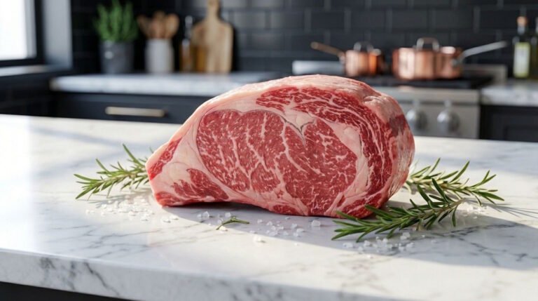 Bistecca di Scottona cruda su bancone di marmo con visibile marezzatura e grasso bianco, pronta per essere cucinata al barbecue.