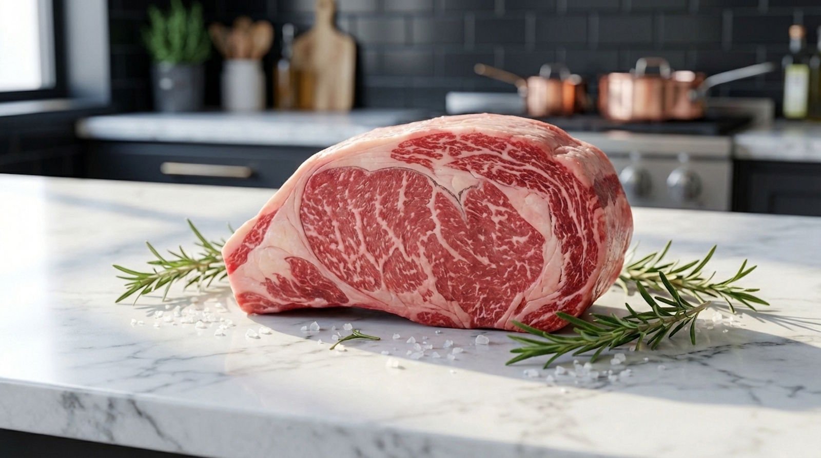 Bistecca di Scottona cruda su bancone di marmo con visibile marezzatura e grasso bianco, pronta per essere cucinata al barbecue.