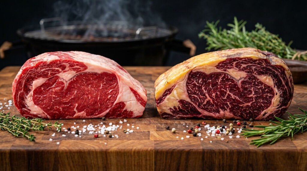 Confronto visivo tra una bistecca di manzo giovane con grasso bianco e una costata di vacca vecchia frollata con grasso giallo intenso