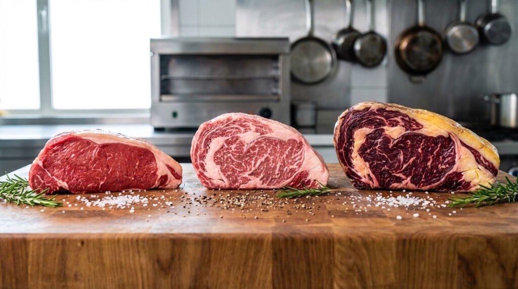 Confronto visivo tra le diverse categorie di carne bovina cruda su un tagliere per mostrare le differenze di colore, età e marezzatura tra vitellone, scottona e manzo frollato.