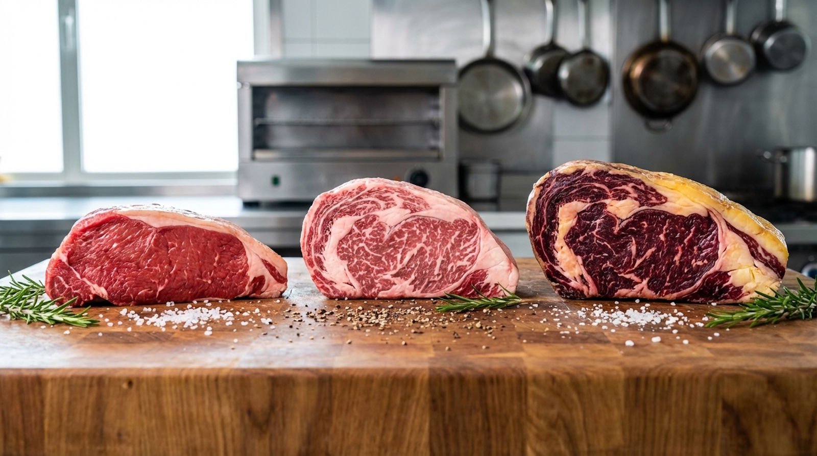 Confronto visivo tra le diverse categorie di carne bovina cruda su un tagliere per mostrare le differenze di colore, età e marezzatura tra vitellone, scottona e manzo frollato.