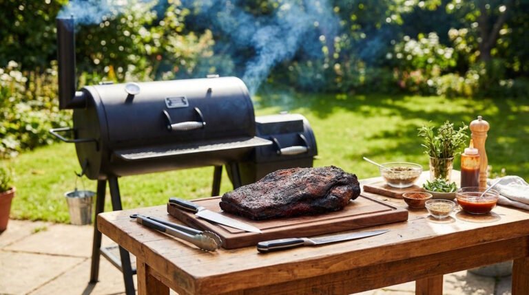 offset smoker in acciaio nero in giardino con Brisket su tagliere