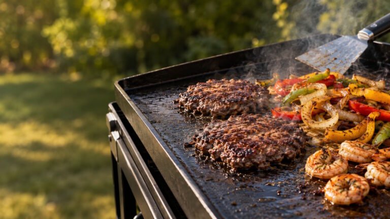 Piastra plancha al barbecue con hamburger smash, gamberi, peperoni e cipolle alla griglia