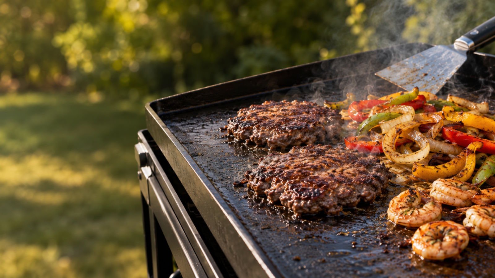 Piastra plancha al barbecue con hamburger smash, gamberi, peperoni e cipolle alla griglia
